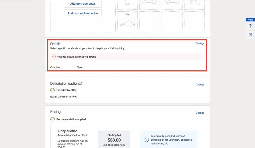 Fill in the item details