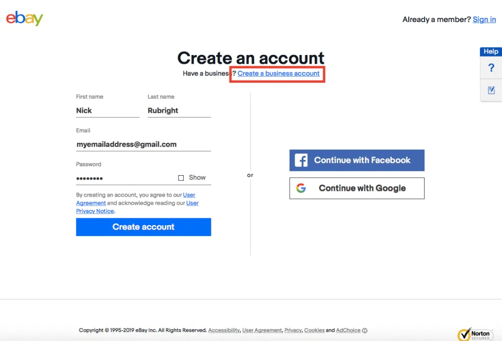 create a business account eBay