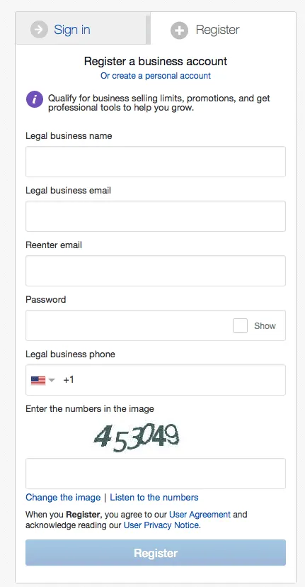 fill in the required info for business account
