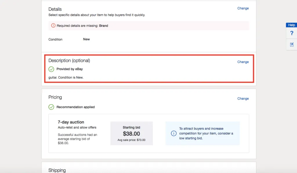 listing description eBay