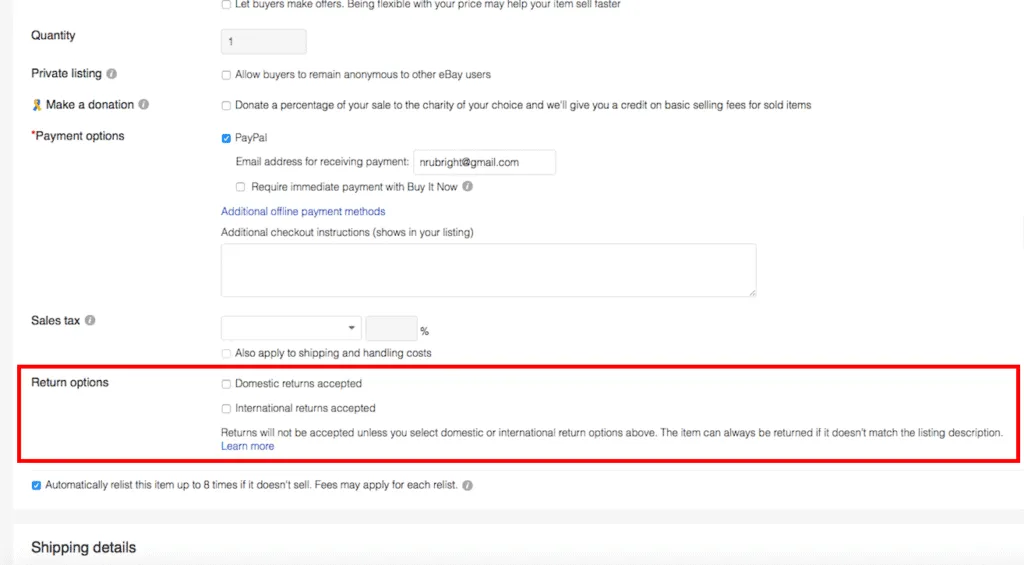 “Selling details” section and look for the “Return options” sub-section