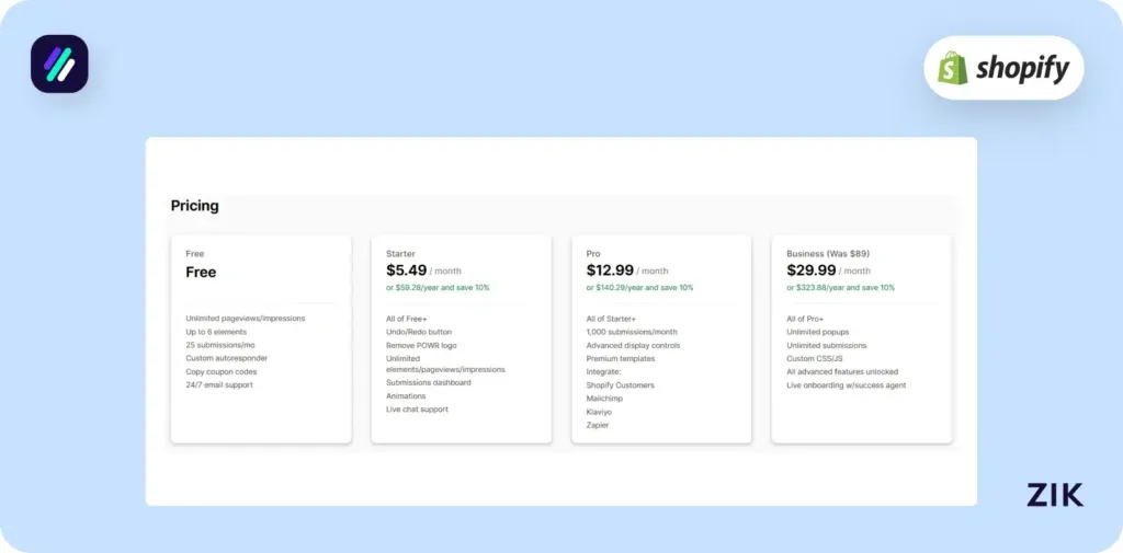 Shopify Pop-Up Apps POWR email popup pricing