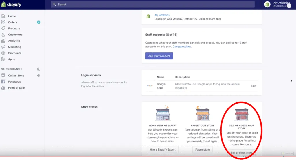 click Sell or Close Store