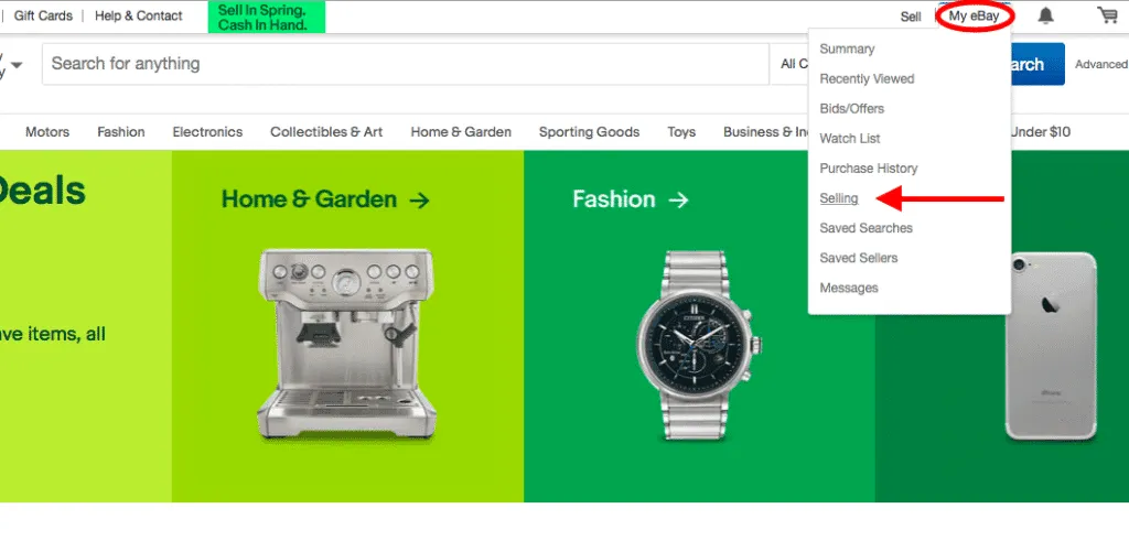 hover over “My eBay” in the top right and click “Selling”