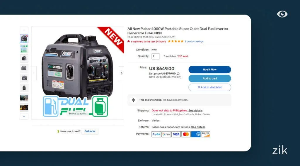 generator eBay listing