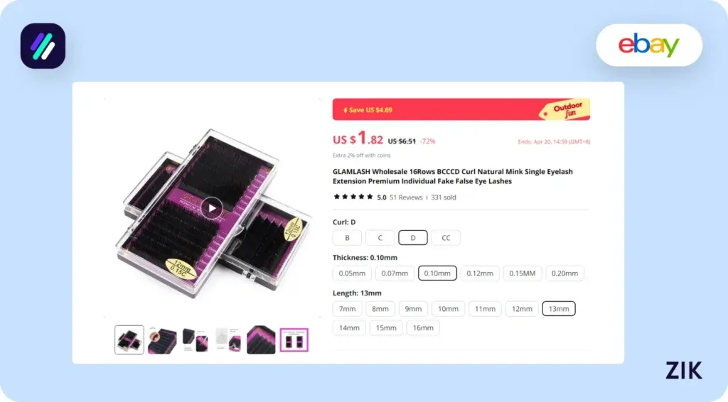 single eyelash extension product sold for $1.82