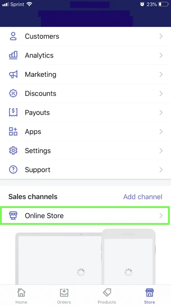 Click ‘Online Store’ listed under ‘Sales Channel’.