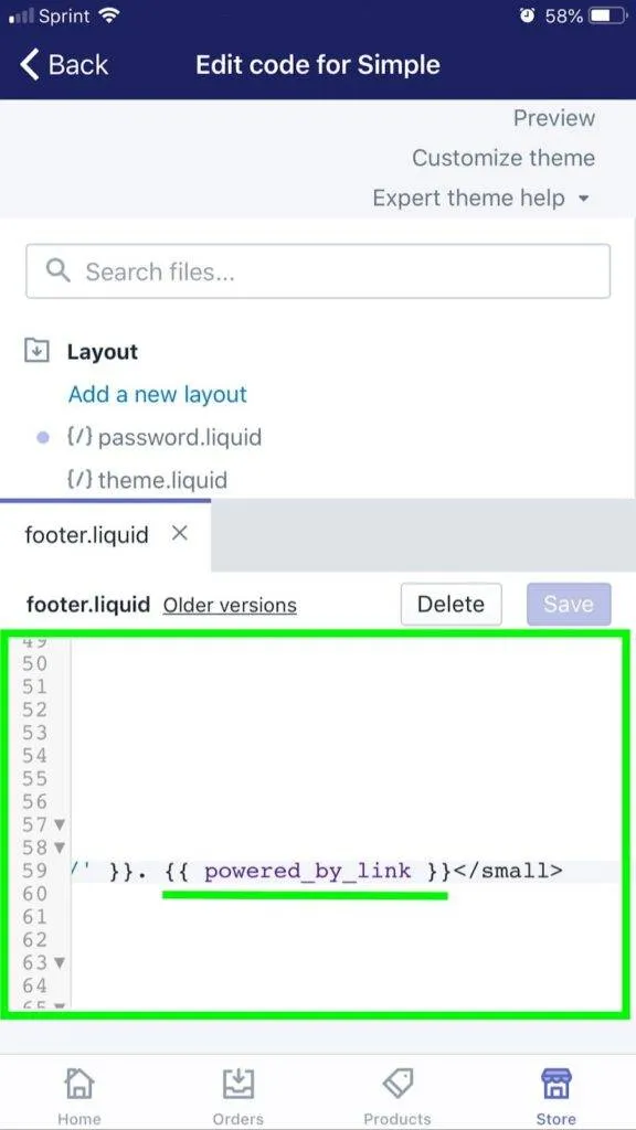 scroll through the code file until you find ‘{{ powered_by_link }}’ in the text