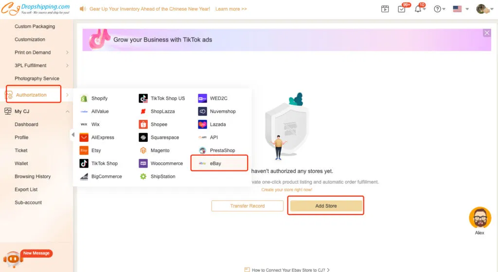 CJ dropshipping authorization link to eBay store
