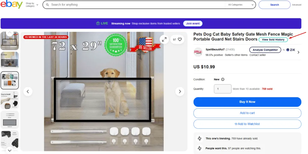 click on ebay view sold history button