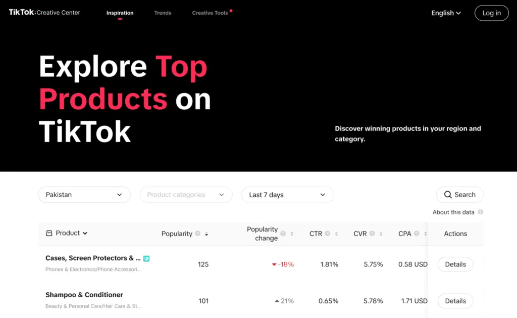 go tiktok creative center and apply filters such as popularity changes to find the product niche you'll dropship in tiktok