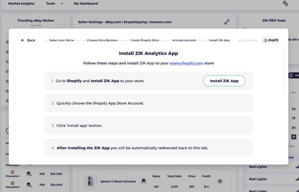 include product research tool of ZIK when using it as a shopify AI store builder for centralized controlls