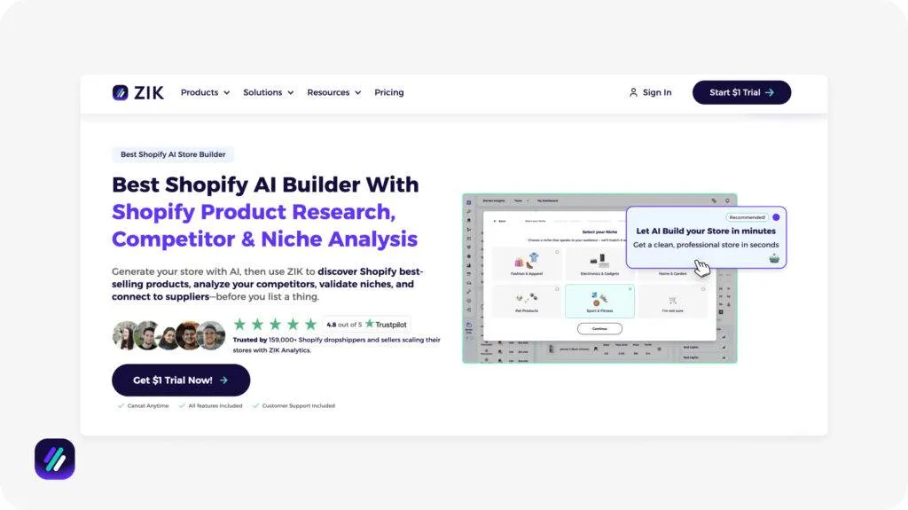 one of the best dropshipping software for store creation is ZIK Analytics (Shopify AI Builder)