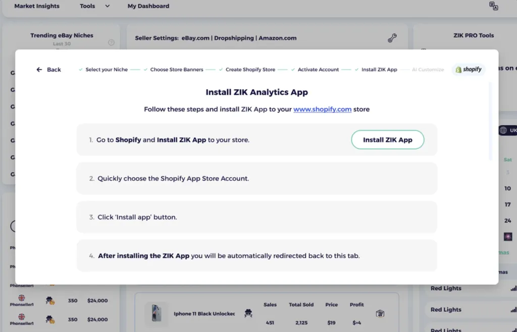 prompt to install zik analytics app via Shopify ai search